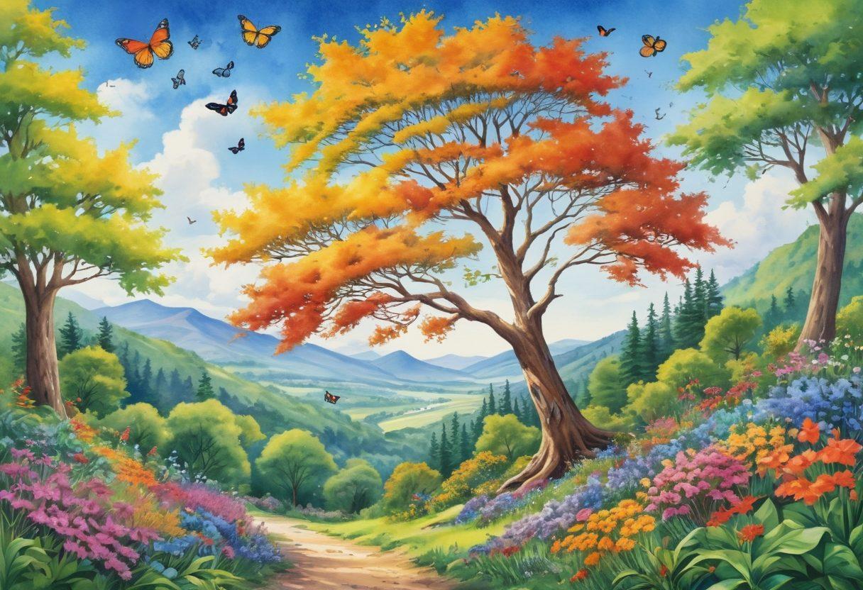 A lively scene featuring a diverse array of cheerful tree species, displaying their vibrant foliage and blossoms in a sunlit forest. Include a close-up of a person joyfully identifying and caring for the trees, surrounded by colorful butterflies and playful birds. The background should showcase a serene landscape with rolling hills and a clear blue sky. Illustrate the essence of nature's joy and the beauty of tree care. watercolor style. vibrant colors.