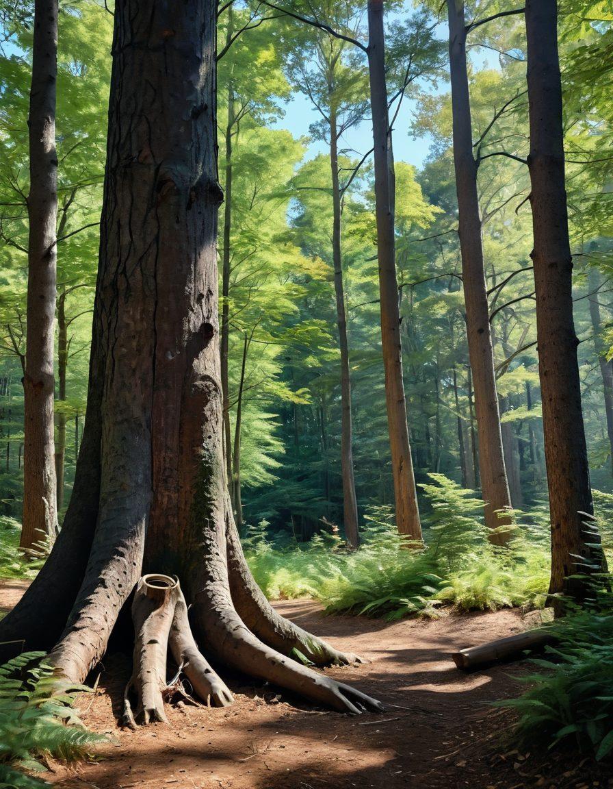 A serene forest scene showcasing a diverse range of trees with detailed bark textures and vibrant foliage. Include a variety of tools for tree care, such as pruning shears and watering cans, placed delicately on the forest floor. Soft sunlight filters through the leaves, creating dappled shadows, with a clear blue sky above. In the foreground, a nature enthusiast is studying a tree with a guidebook in hand. watercolor style. soft, earthy tones.