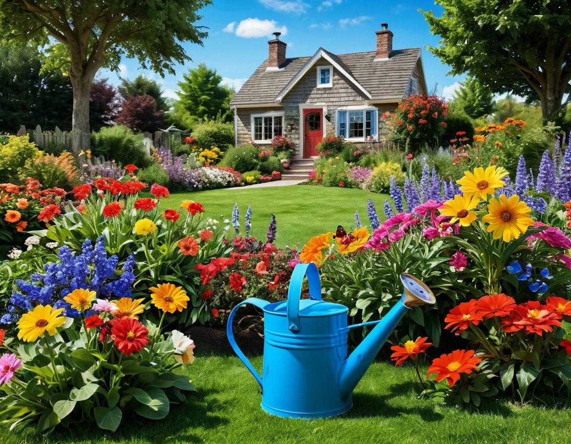 A lush garden filled with vibrant, colorful flowers in full bloom, showcasing a variety of plant species, with bees and butterflies fluttering actively. Include a small watering can and gardening tools resting on the grass, symbolizing nurturing care. In the background, depict a flourishing ecosystem with birds perched on trees and a bright blue sky. The scene should evoke a sense of joy and tranquility. super-realistic. vibrant colors. 3D.
